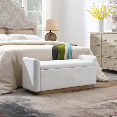 Banc 49 po avec rangement, banc repose-pieds avec charnière de sécurité, base en métal doré avec cadre en bois, banc de hall d'entrée rembourré pour chambre à coucher, salon, capacité de poids jusqu'à 350 lb, beige