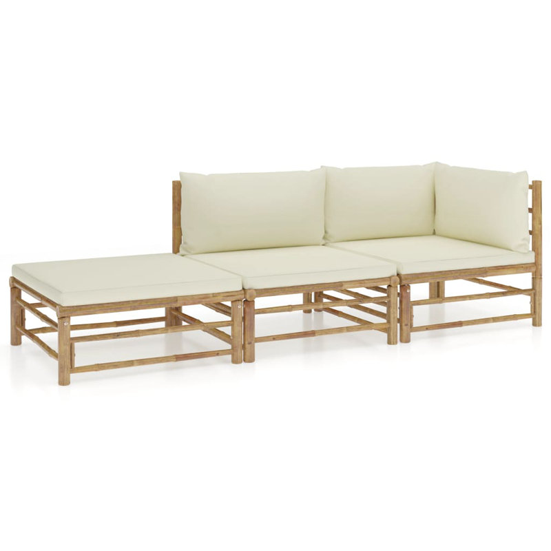 Ensemble de salon de jardin avec cadre en bambou blanc crème et coussins en polyester pour l'extérieur