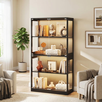 Vitrine intelligente avec détecteur de mouvement à DEL, ports de charge USB et Type-C, 4 portes en verre trempé, étui à souvenirs anti-basculement pour figurines, noir
