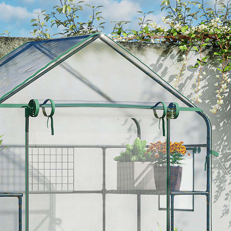Mini serre d'extérieur avec porte grillagée et fenêtres Outsunny, petite serre portative avec 3 niveaux et 6 tablettes