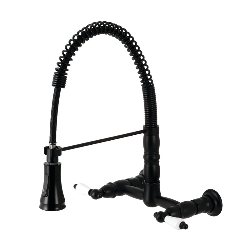 Kingston Brass Heritage Double-Handle 2-Hole Wall-Mount Pre-Rinse Bridge Kitchen Faucet, Matte Black, Lever