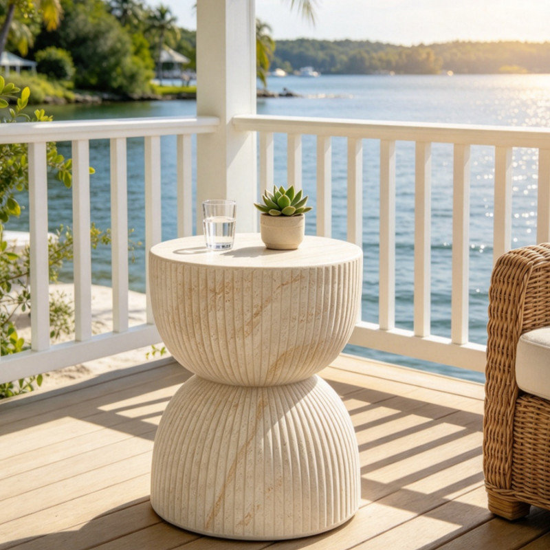 Table d'appoint extérieure en béton de 17,13 po de hauteur, table d'appoint décorative en forme de sablier avec finition en faux marbre, conception nervurée, aucun assemblage requis, fonctionne comme tabouret de jardin ou petite table basse d'extérie