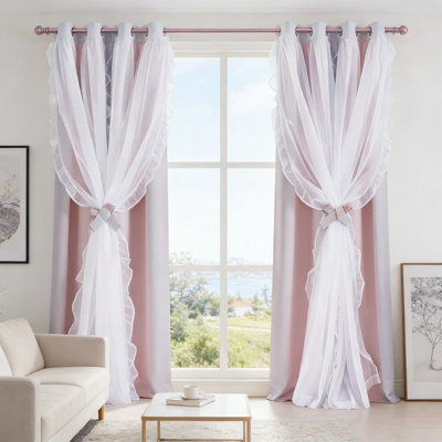 Rideaux occultants dégradés avec superposition de volants transparents - rideaux de fenêtre à double couche pour décor rustique de style campagnard, blocage de la lumière et réduction du bruit, polyester facile d'entretien, 2 panneaux