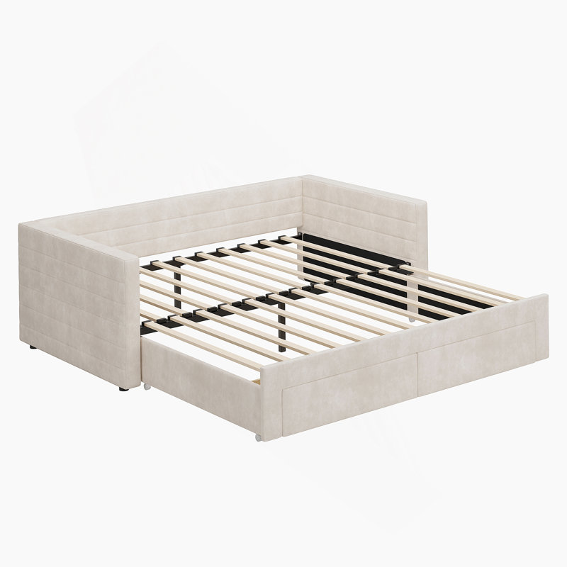 Structure de lit de jour extensible polyvalente rembourrée avec lit gigogne et rangement, idéale pour économiser de l'espace et être multifonctionnelle