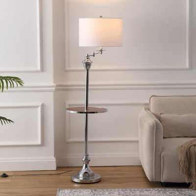 Waldenburg 60" Modern Metal LED Floor Lamp with Integrated Glass Side Table and Swing Arm