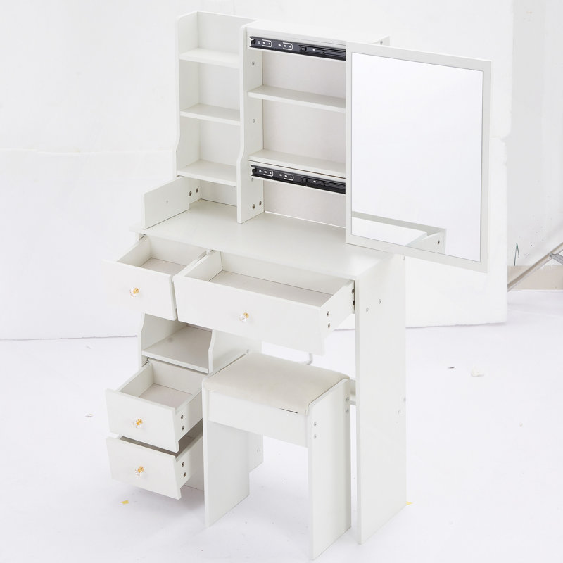 Vanity Desk, 29.2" Small Space Left Drawer Desktop Vanity Table , Cushioned Stool, Extra Large Right Sliding Mirror, Multi Layer High Capacity Storage, Practical Fashionable Dresser, Suitable For Small Space