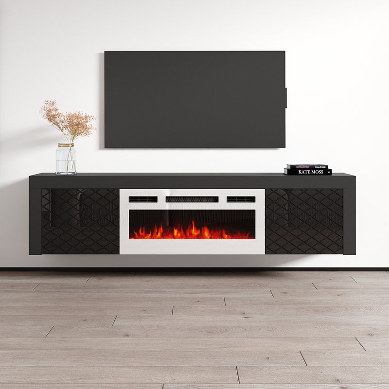 Attalla 70.9" Modern TV Stand with Electric Fireplace, High Gloss Finish, Wall-Mounted, Black/White