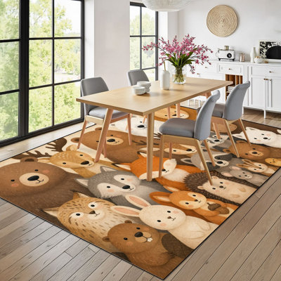 8x10 Area Rugs for Bedroom Cute Woodland Animals Bears Foxes Deer Rabbits Warm Tones Boho Washable Rug for Living Room Carpet for Dining Room Soft Rubber Backed Non-Slip Carpets for Nursery Office