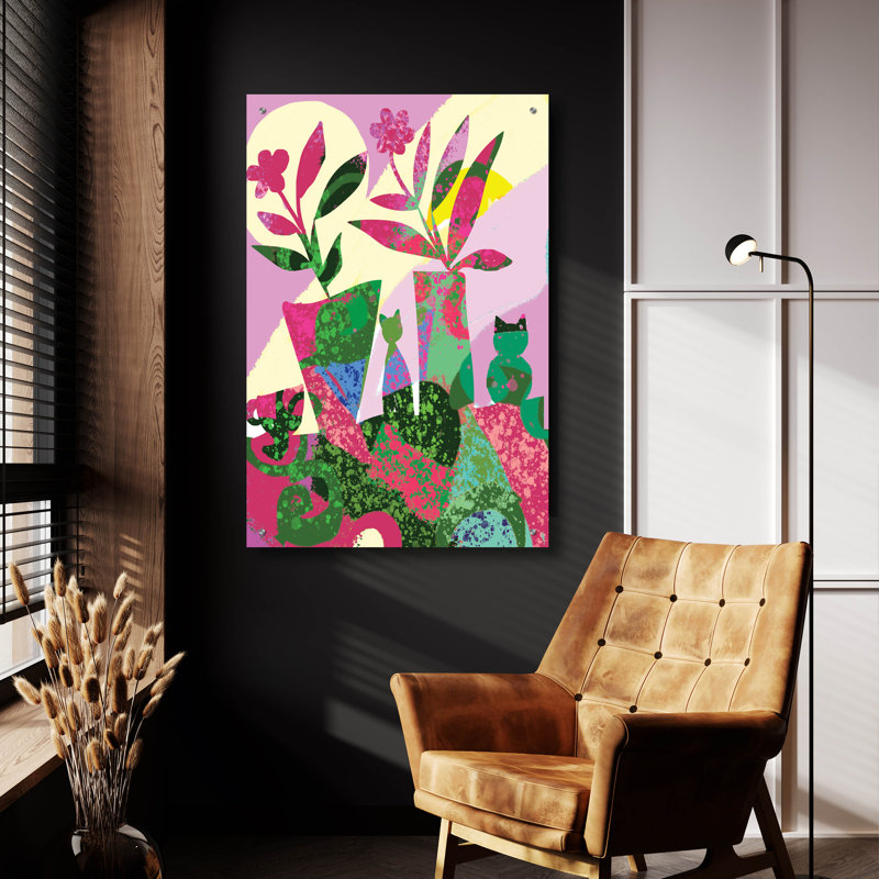 «Still Life With Two Cats And Lavender Sky» par Holly McGee, art en verre acrylique, H 36 po x l 24 po x P 0,2 po