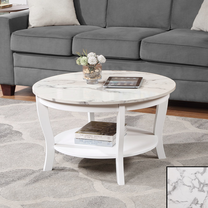 Carbin 30" Coffee Table with Shelf, White Faux Marble/White