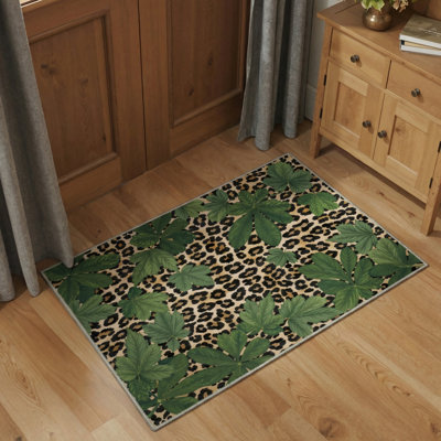 Alissa Lushmark Animal Print Leopard Foliage Machine Washable Green / Black / Beige 2' x 3' Doormat with Non-Slip Backing