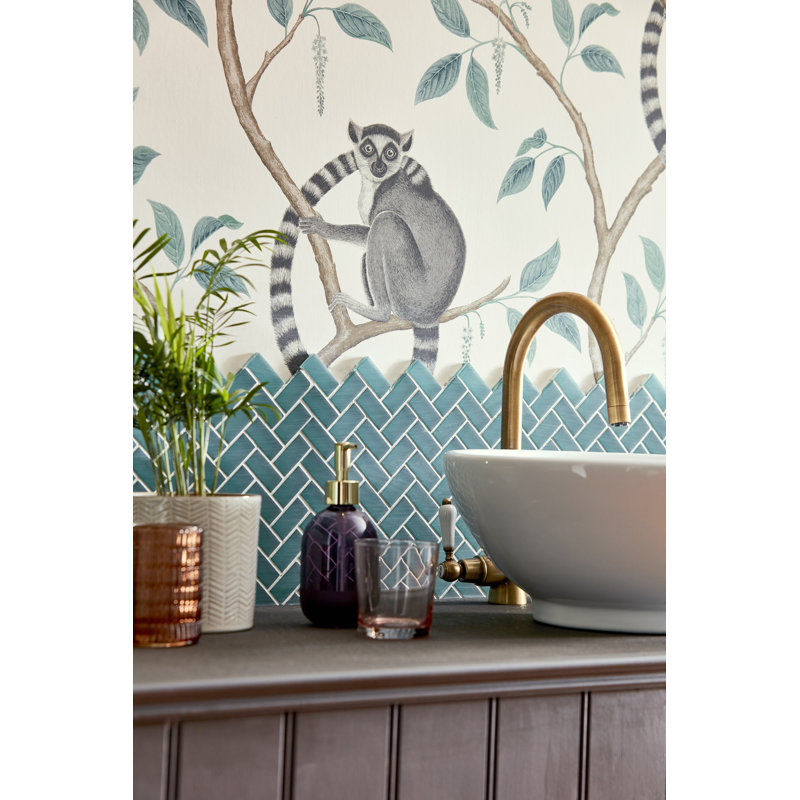 Ringtailed Lemur Wallpaper, Stone/Eucalyptus