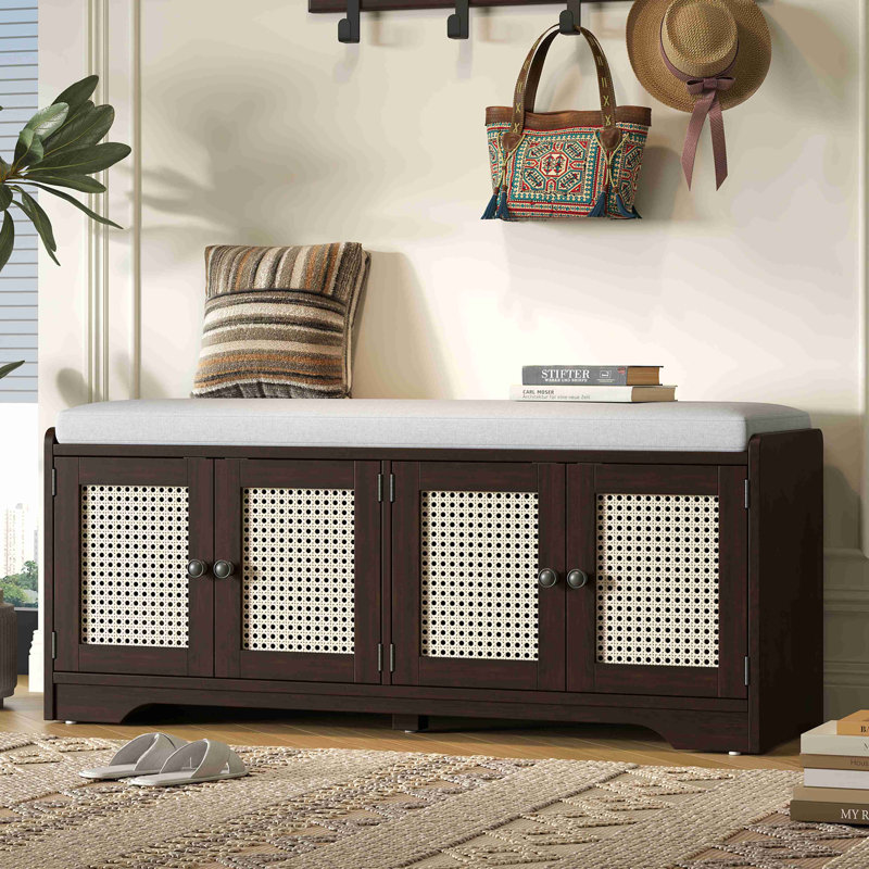 Rattan Doors Shoes Storage Bench, Espresso