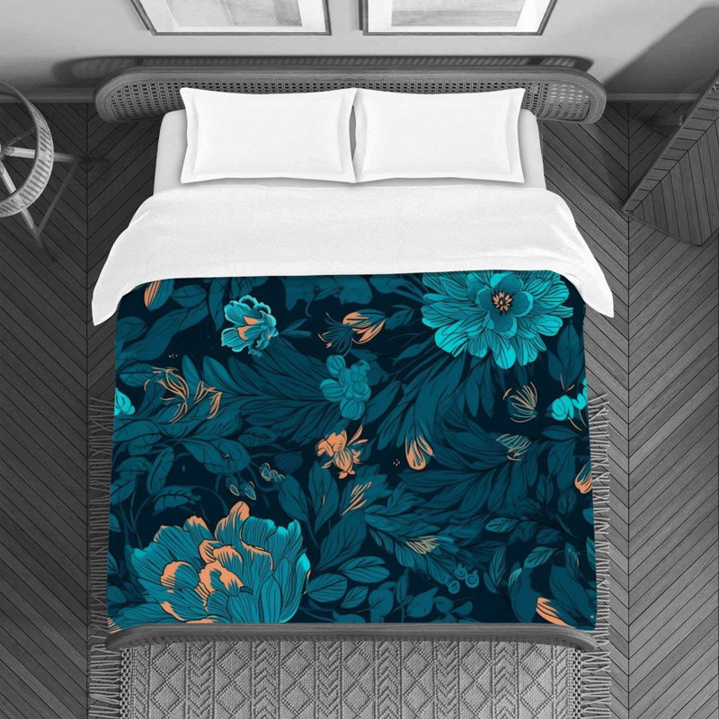 Machine Printed Duvet Cover, Twin Duvet Cover, Navy/Turquoise