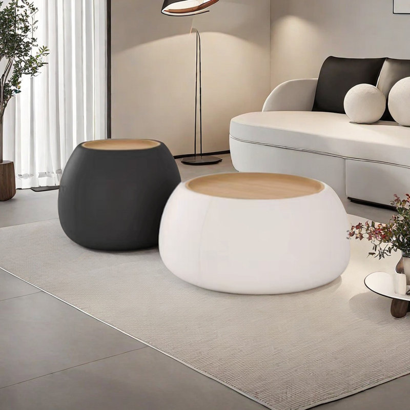 Table basse ronde de luxe légère, Burlywood, Blanc/Noir