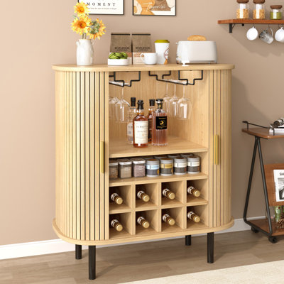 28" Fluted Wine Bar Cabinet with 8-Grid Wine Rack, 5-Level Adjustable Shelves, 2 Glass Holders, Smoothly Sliding Tambour Doors, 4 Hidden Storage Space on the Side,Modern Liquor Coffee Station, Natural
