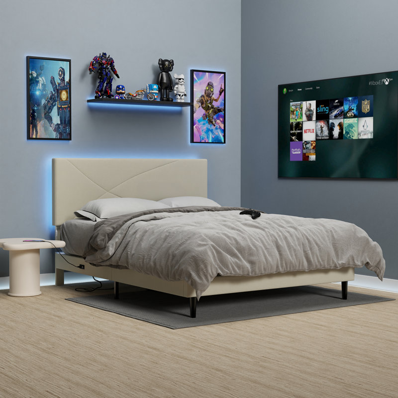 Cadre de lit rembourré de qualité supérieure avec station de charge port USB Type-C à DEL pour hôtels, appartements et jeux