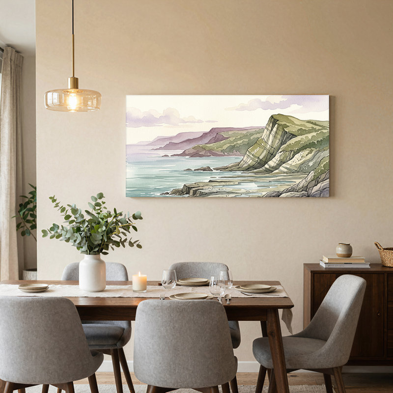 Aquarelle sur toile, "Falaises côtières superposées", L 58 po x H 28 po