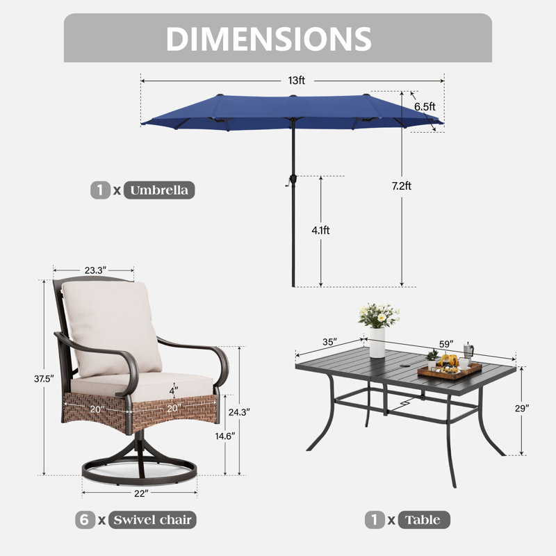 Ensemble de salle à manger rectangulaire pour 6 personnes de 60 po avec coussins et parasol Leonard, Bleu marine