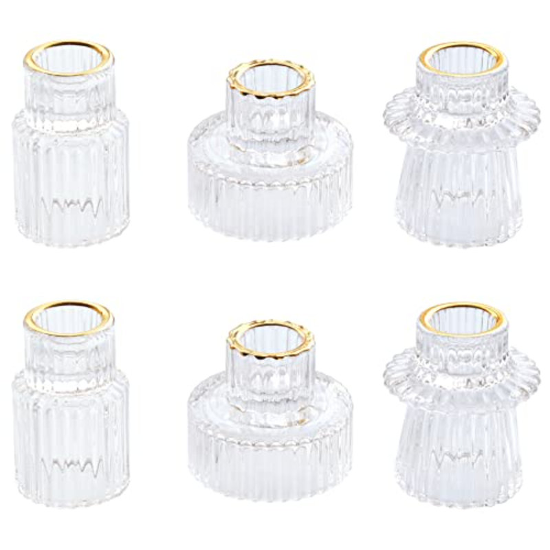 Taper Glass Candlestick Holders Tealight Candle Holders For Table Centerpieces, Wedding Decor And Dinner Party (6 Pcs, Gold Rim Clear)