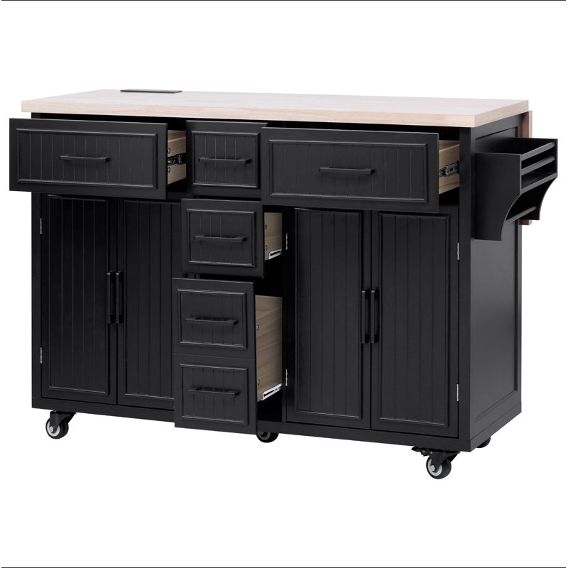 56.5'' Kitchen Island with Drop Leaf, Power Outlet, Embossed Vertical Stripe Rolling Kitchen Cart on Wheels with 4 Doors , 5 Deep Drawers and Adjustable Shelves, for Kitchen, Dining Room