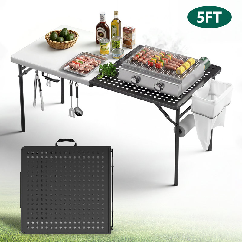 Table de cuisson pliante robuste de 155 cm (61 po), capacité de 181 kg (400 lb), poste de travail extérieur à double usage avec crochets, porte-rouleau d'essuie-tout et rangement pour barbecue, camping et pique-nique.