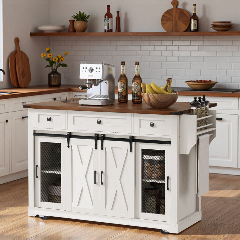 Farmhouse Kitchen Island With Storage, Sliding Barn Door & Metal Grid Side Door, Rolling Kitchen Island On 5 Wheels With Spice Rack, Glass Holders,island Table With Drop Leaf For Kitchen, White