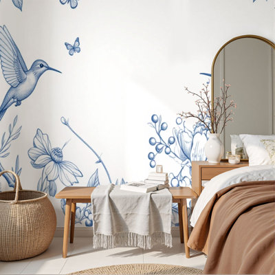 Papiers peints adhésifs à motif de papillons floraux bleus H 69 po x l 96 po, papier peint amovible en PVC autocollant mural pour chambre à coucher, bureau à domicile