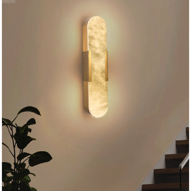 Ensemble de 2 appliques murales à DEL intégrées modernes en albâtre naturel et cuivre, L, Cuivre