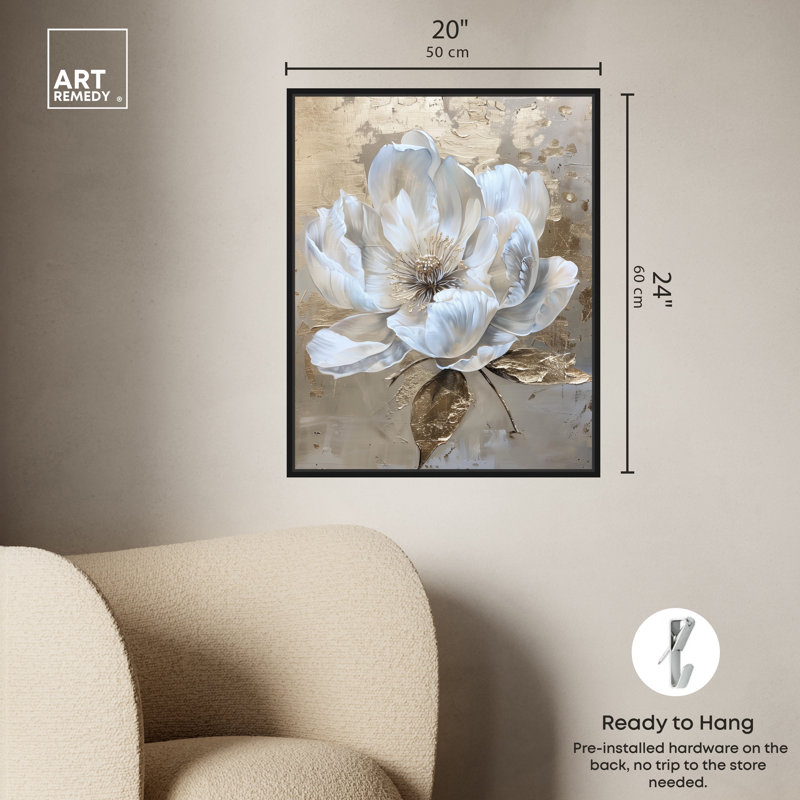 Art Remedy Athenas Flower White and Gold Canvas Print with Black Frame
