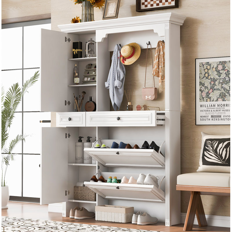 54.7" Hall Tree with Integrated Shoe Cabinet and Mirrored Cabinet Door, Coat Hanger, Entryway Bench, 4-in-1 Design, 2 Flip Drawers, 4 Hooks and 2 Cabinets for Entrance,Living Room