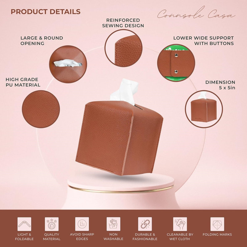 PU Leather Tissue Box Cover for Elegant Home Decor, Brown