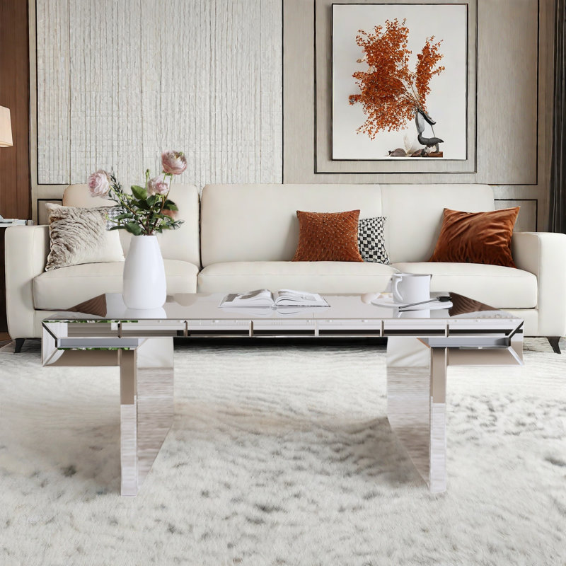 Luxury Rectangular Mirror Coffee Table With Fluted Tempered Glass And Rounded Edges