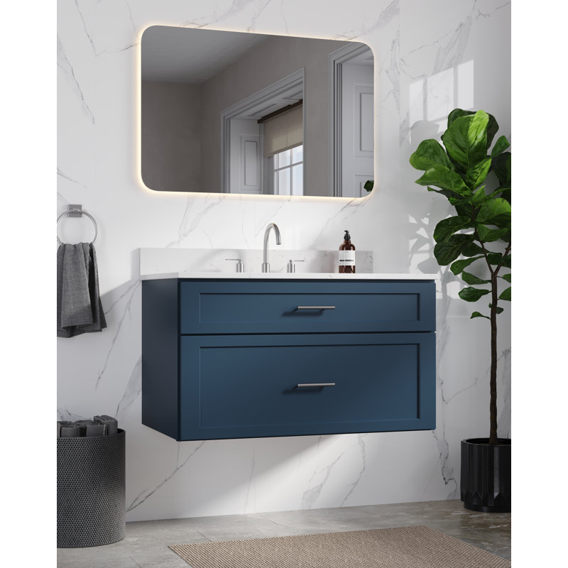 Meuble-lavabo mural flottant simple 36 po avec comptoir en quartz Carrara, Bleu