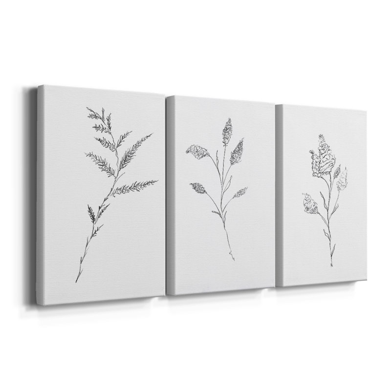 Croquis floral - Toile tendue sur mesure - 3 pièces, H 36 po x l 72 po
