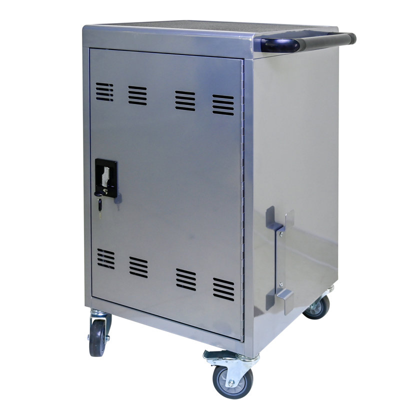Chariot de charge mobile en argent - capacité de 35 tablettes, charge rapide des ordinateurs portables, verrouillage rapide et sécuritaire