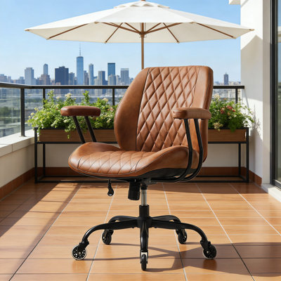 Home Office Desk And Chair Set, With Rubber Casters, Ergonomic Computer Chair With Lumbar Support, Height Adjustable, Swivel, Armrests, Brown Leather.