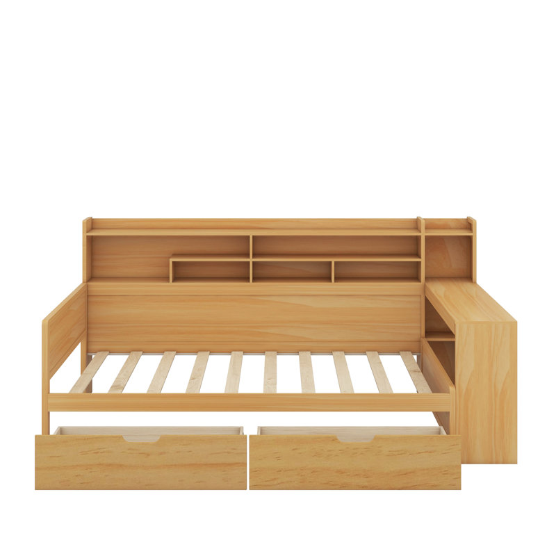 Lit de jour simple avec tablettes de rangement, deux tiroirs de rangement et bureau d'étude, Naturel
