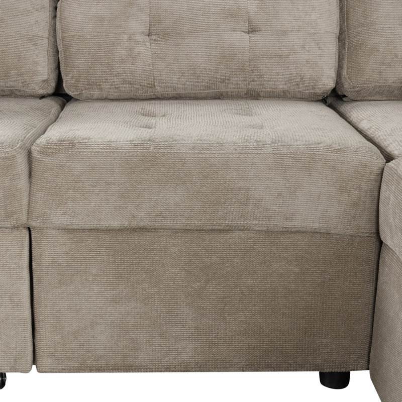 82.6" L-Shape Sofa Bed Pull-Out Sleeper Sofa With Wheels, USB Ports, Power Sockets For Living Room, Khaki Velvet