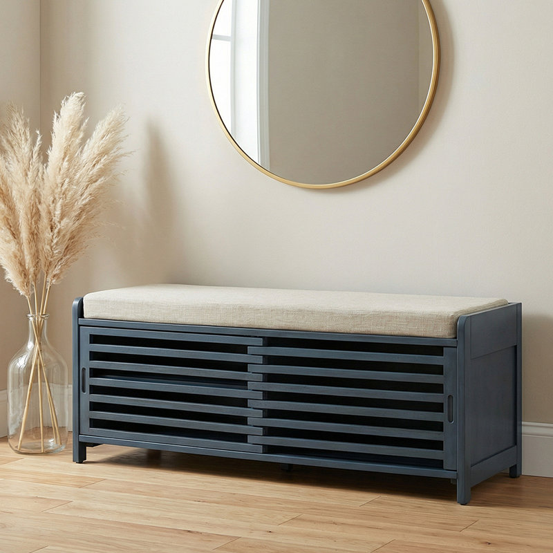 Rustic Entryway Storage Bench With Cushion - Shutter Door Organizer For Shoes And Accessories, Navy