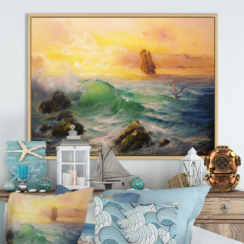 Coucher de soleil sur un bateau colonial, H 12 po x l 20 po x P 0,1 po, Toile avec cadre flottant brun