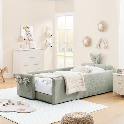 Twin Size Bed In Cyan Boucle, Rabbit Ear Shaped Headboard, Rail, And Storage Pocket, Ideal For Bedroom Setup Frame With Boucle Upholstery,