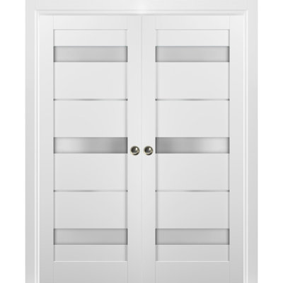 Quadro Frosted Glass Sliding Closet White Doors with Installation Hardware Kit