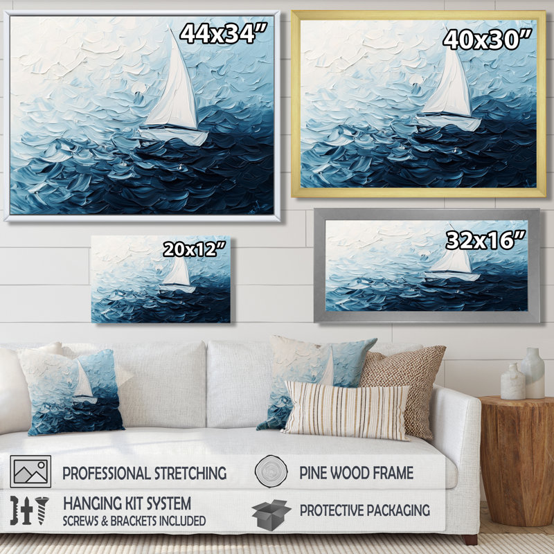Abstrait voilier blanc et bleu horizon - décoration murale voiliers, H 24 po x l 32 po, Noir