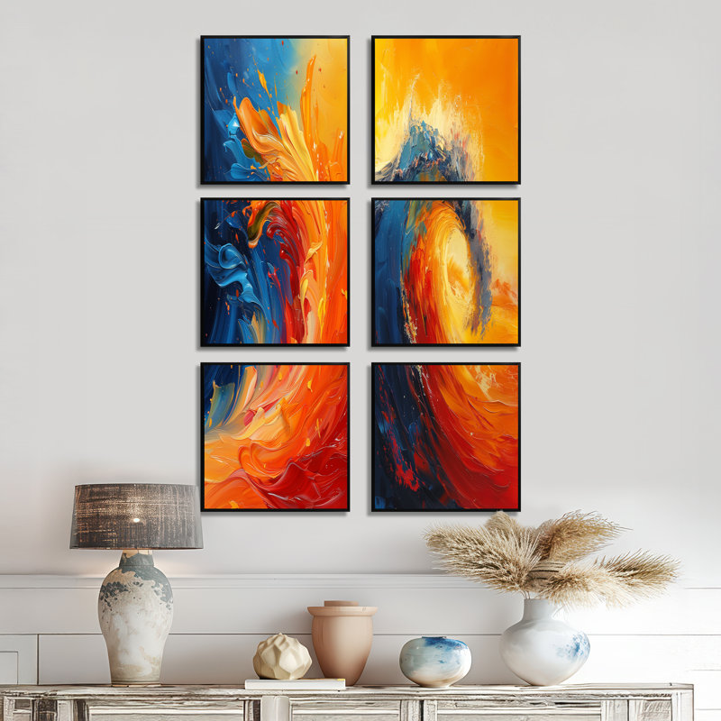 Ensemble de 6 décorations murales vagues orange et bleues - vagues côtières, Framed Print without Mat, Noir