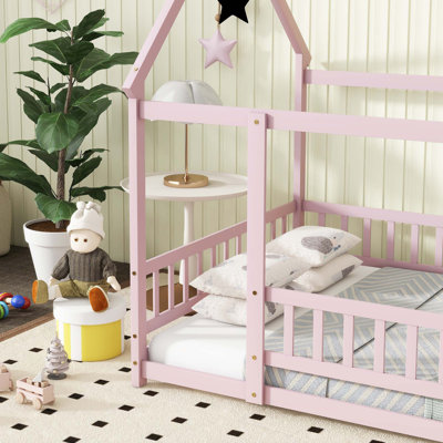 House Floor Wooden Bed with Roof Frame, Safety Guardrails for Bedroom