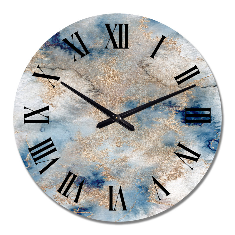 Marble Clouds I - Horloge murale moderne, Surdimensionné, Bleu / doré