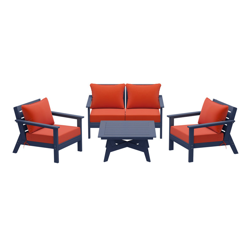 5-Piece Deep Seating Set, Navy Blue, Orange
