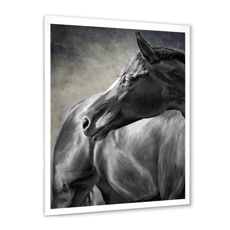 Portrait d'un cheval noir - peinture sur toile, H 40 po x l 30 po x 1,5 po, Toile blanche encadrée