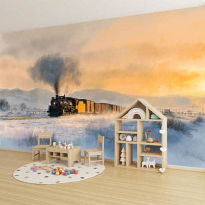 Papier peint adhésif auto-adhésif Peler et coller Locomotive au milieu des montagnes enneigées, décoration murale H 100 po x l 144 po pour bureau à domicile